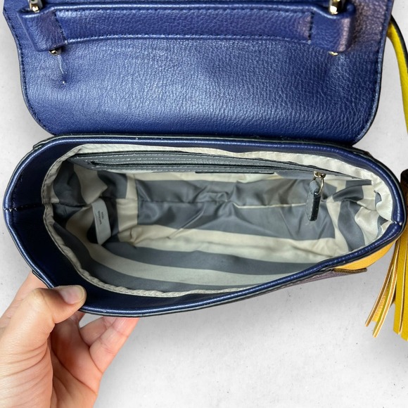 Kate Landry Navy Blue Mustard Yellow Faux Leather Magnetic Crossbody Bag‎ Purse - Picture 12 of 14